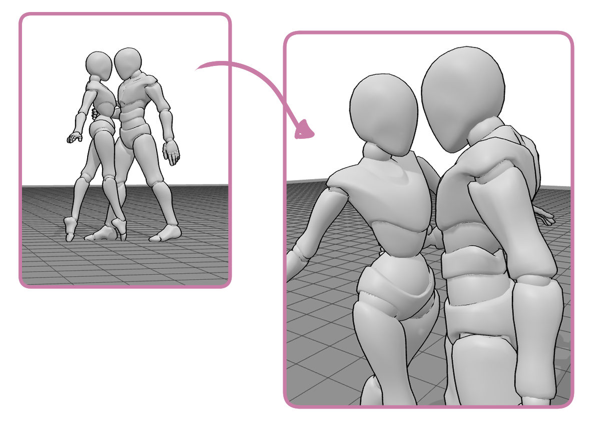 Comparison of a standard view and a close perspective showing how camera distance creates a more intense composition