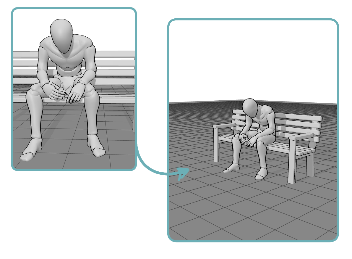 Comparison of a standard view and a distant perspective showing how camera distance creates a stronger feeling of isolation