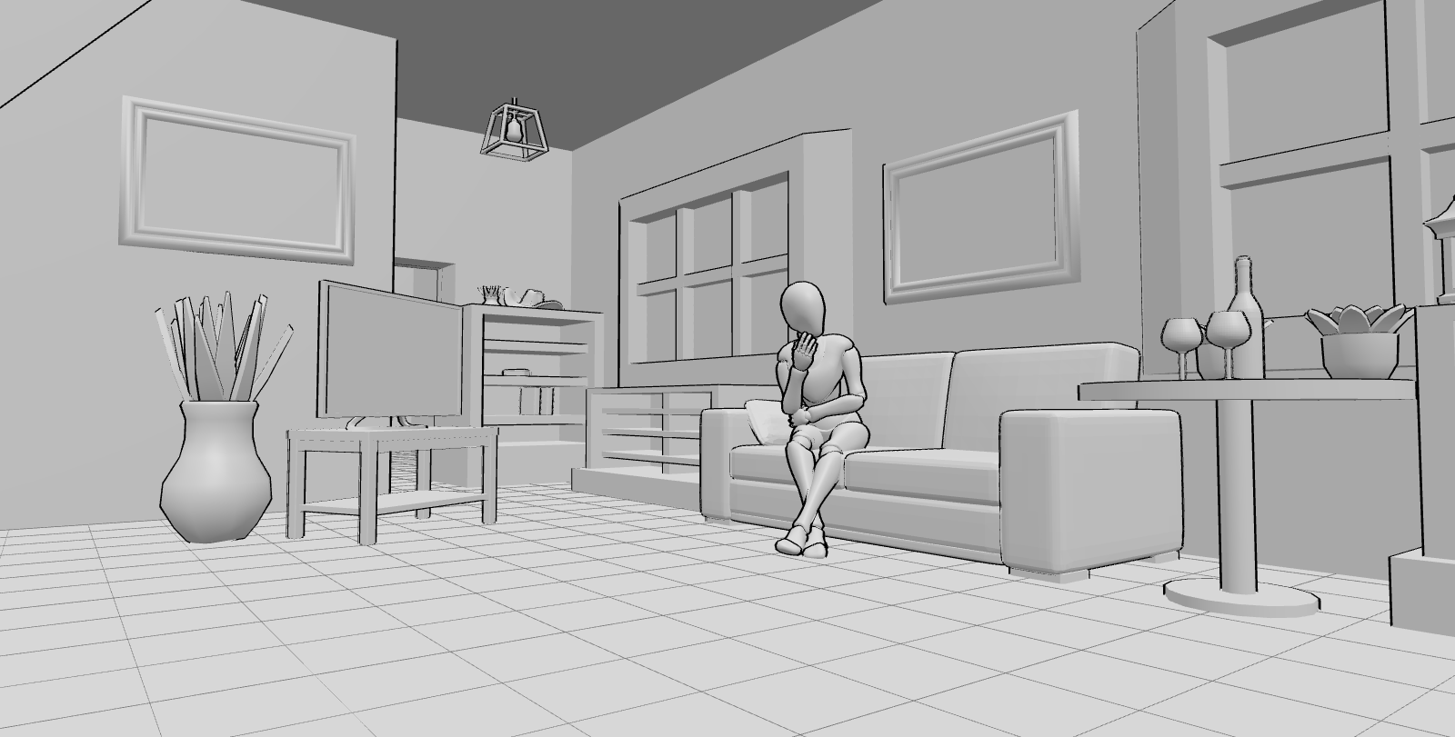 Eye-level view of a character sitting on a sofa with objects nearby