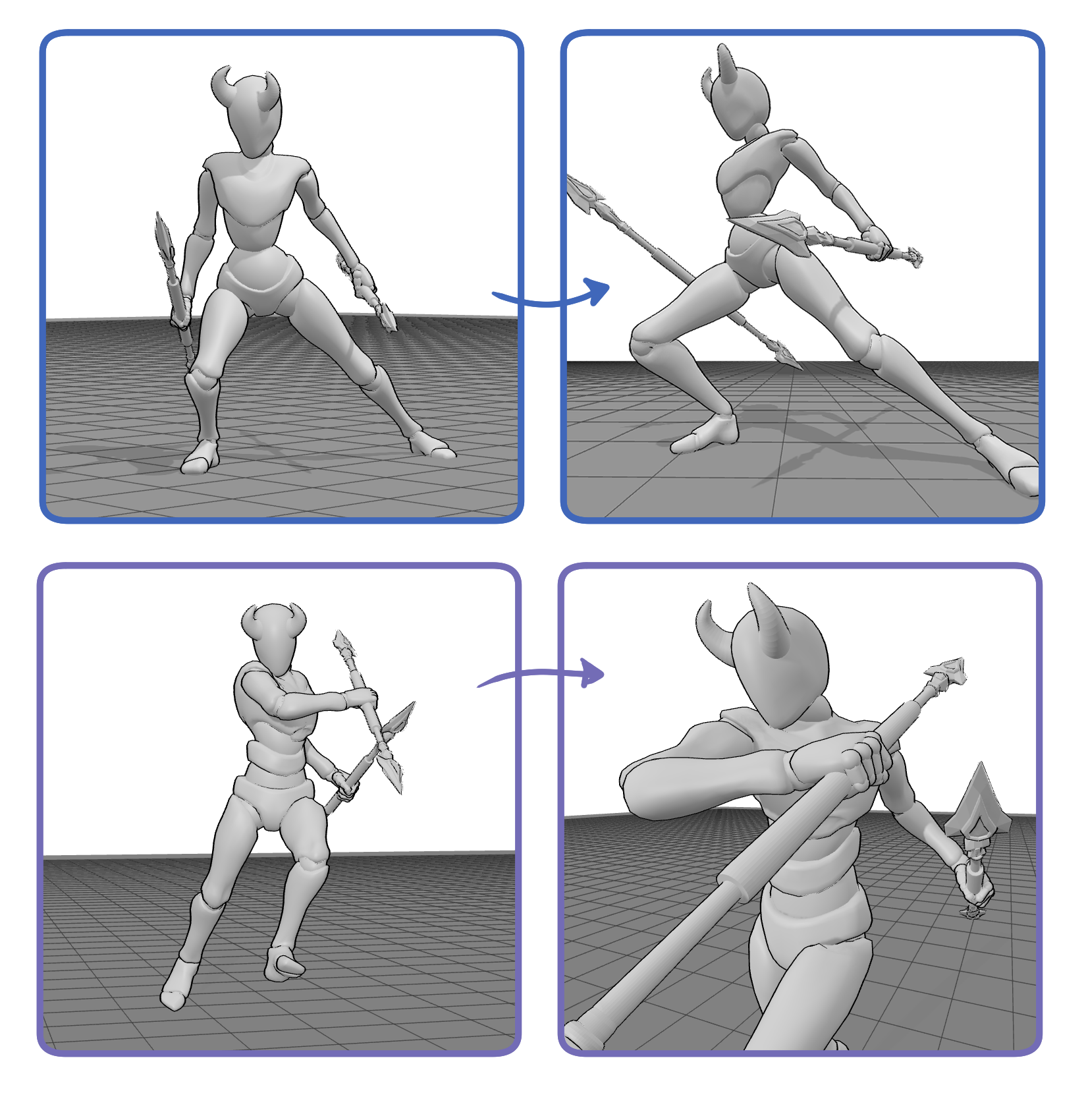 Two action poses compared from a standard view and a foreshortened camera angle using 3D drawing references