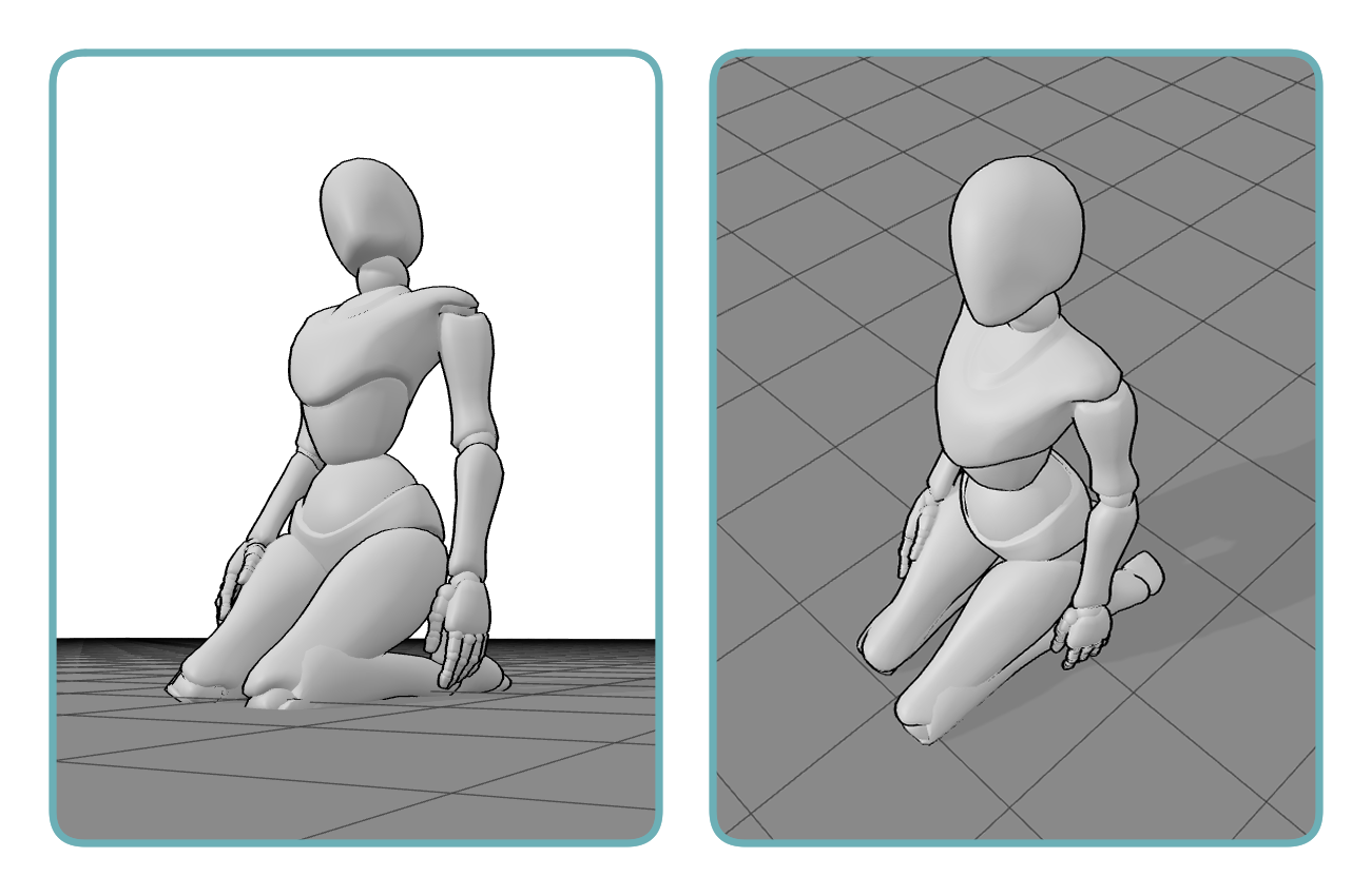 The same kneeling pose viewed from different camera angles using 3D drawing references