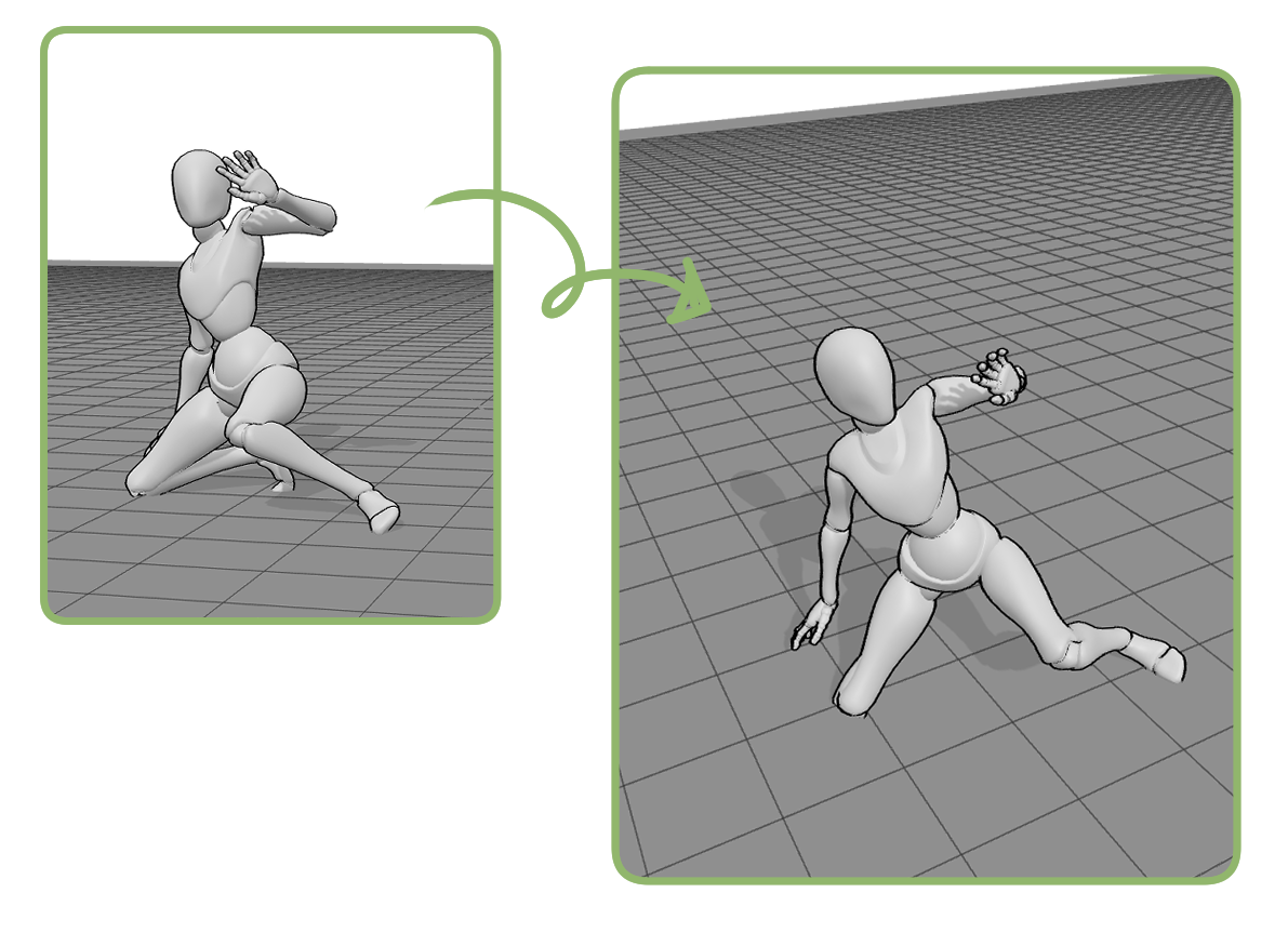 Comparison of a standard view and a high camera angle showing how perspective makes a character appear more vulnerable