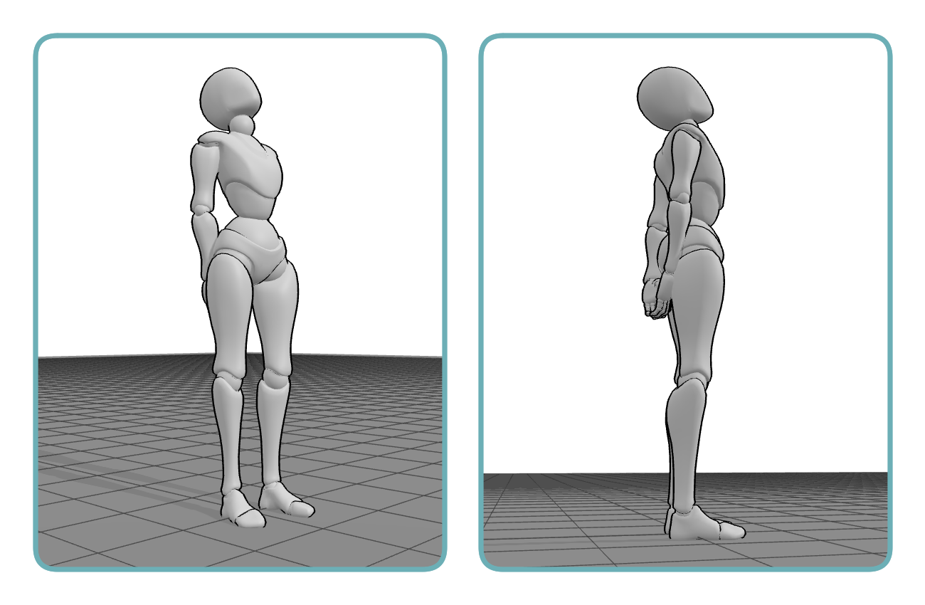 The same standing pose viewed from different camera angles using 3D drawing references