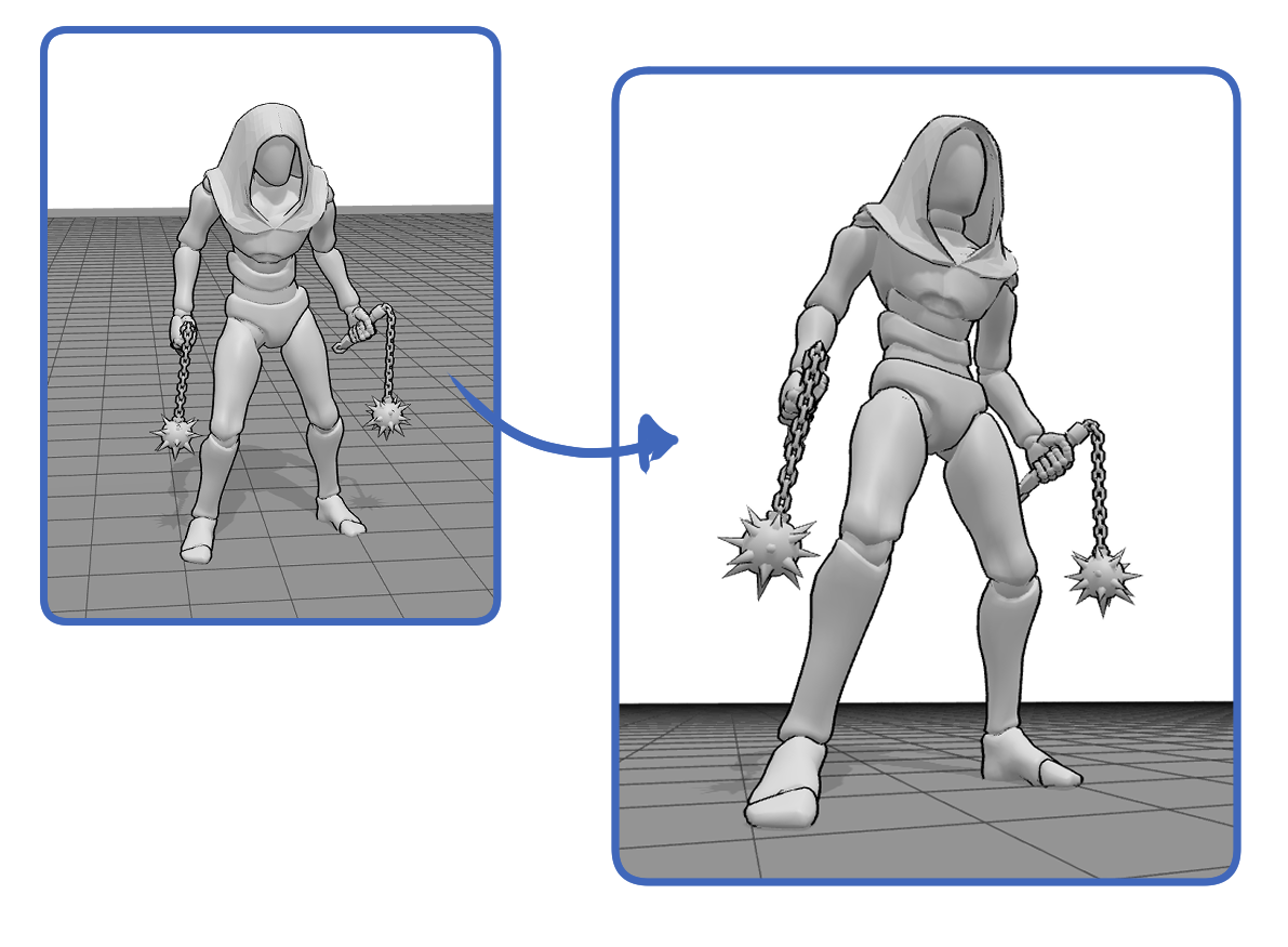 Comparison of a standard view and a low camera angle showing how perspective makes a character appear more powerful