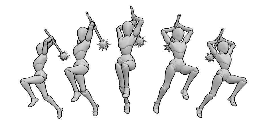 The same action pose viewed from different camera angles using 3D drawing references