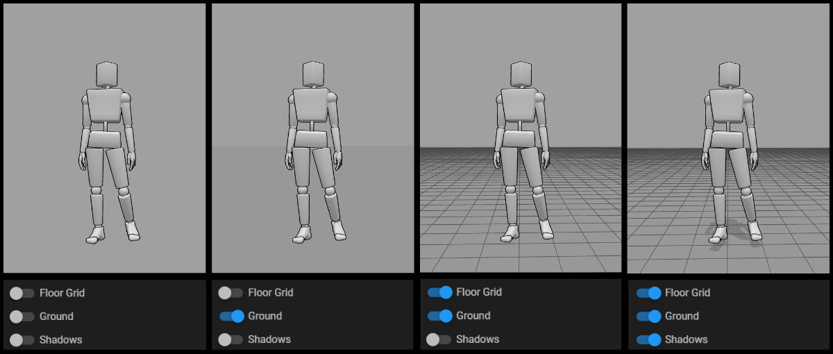 Side by side comparison of the workspace when ground, floor grid, and shadows are toggled.