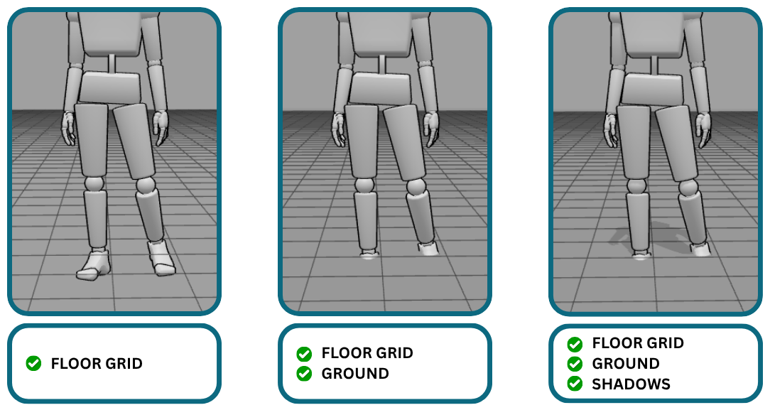 Comparison of model's feet going through the ground plane with different settings- floor grid, ground, and shadows.