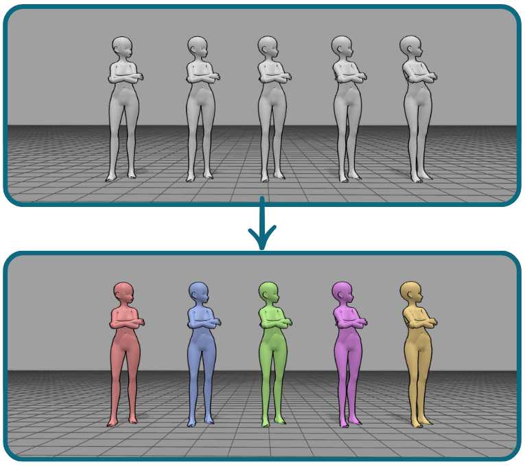 Lineup of 5 models of the same type versus the same lineup with different colors per model.