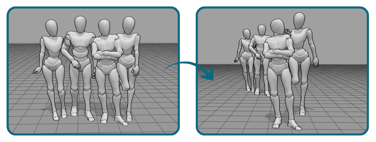 Pre-made scene in a lineup versus edited scene with models at various distances from camera