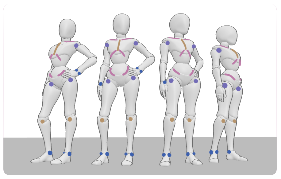 3D pose reference showing anatomical landmarks from four different angles for studying body structure and pose