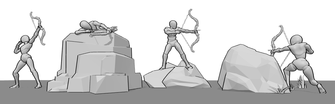 Archer pose adjusted to different environments, showing how terrain affects balance and body position
