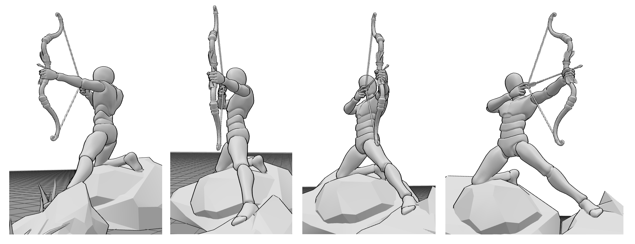 Archer aiming pose viewed from four angles, highlighting the three-dimensional body mechanics of archery