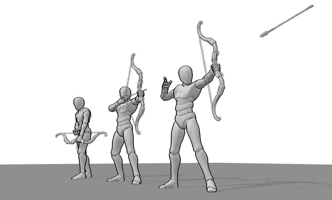 Three archer shooting poses illustrating the different phases of drawing, aiming, and releasing an arrow