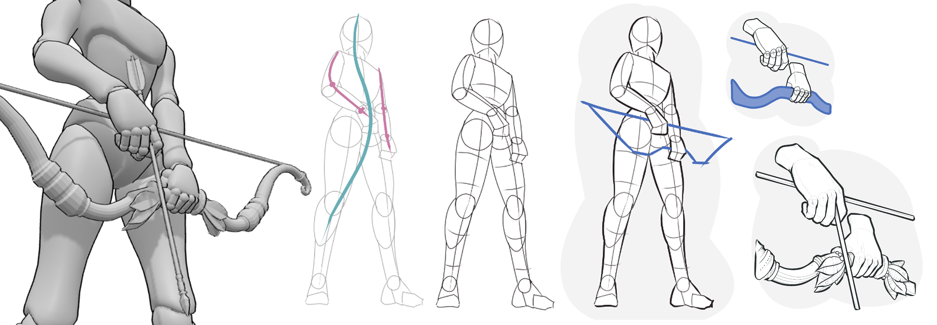 Step-by-step sketch of a standing character holding a bow and arrow with a natural grip