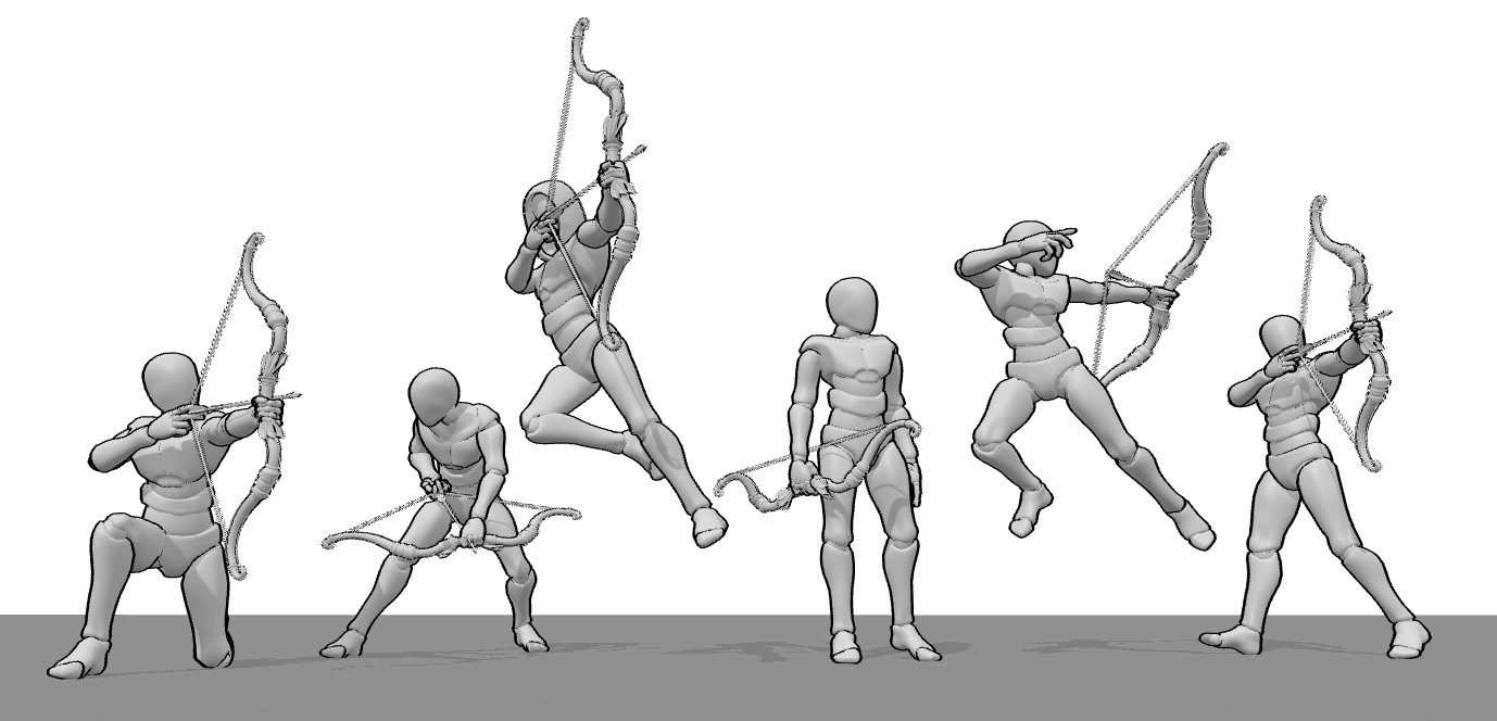 Different archer poses showing varied stances, body positions, and approaches to holding a bow