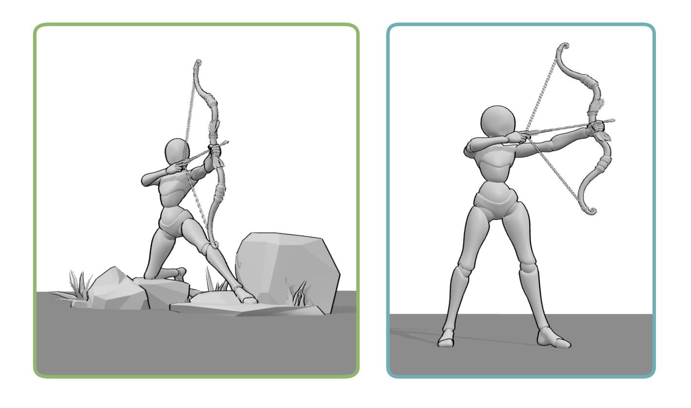 Archer poses showing the difference between a stable stance on flat ground and a half-kneeling position on rocky terrain