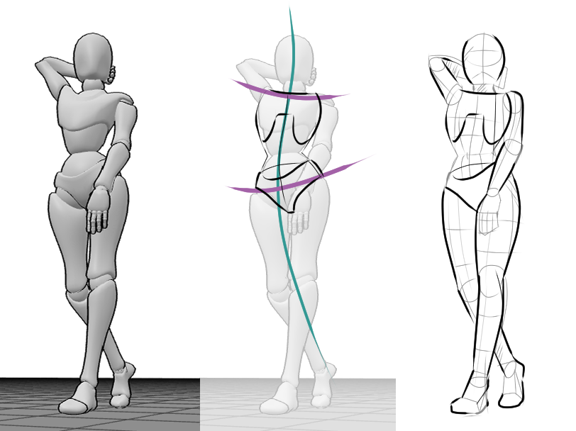 female model sketch, drawing with simplified shapes