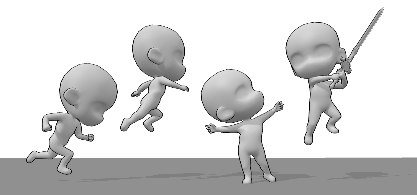 Dynamic chibi pose references showing running, jumping, and action poses
