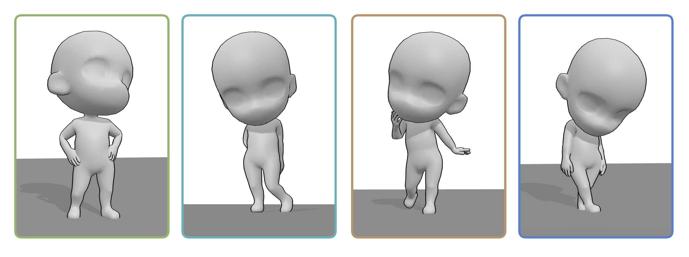 Chibi personality pose references showing confident, shy, excited and sleepy poses