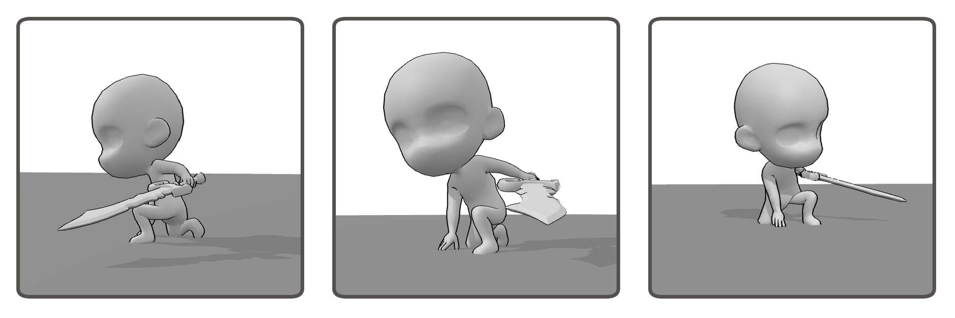 Chibi sword holding pose reference from three different camera angles