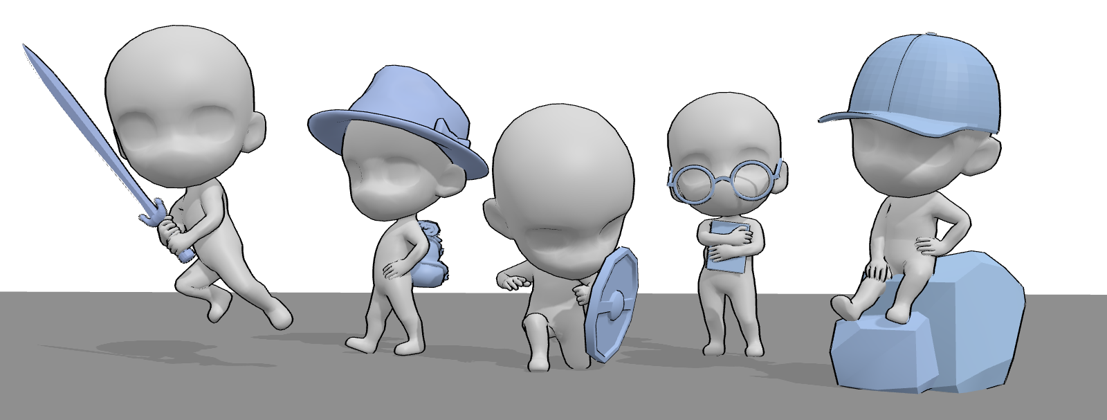 Chibi pose references with sword, shield, backpack, and other props