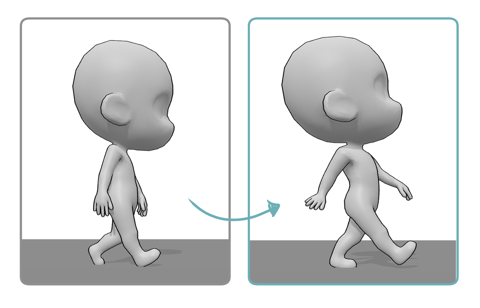 Comparison of a stiff walking chibi pose and a dynamic walking pose
