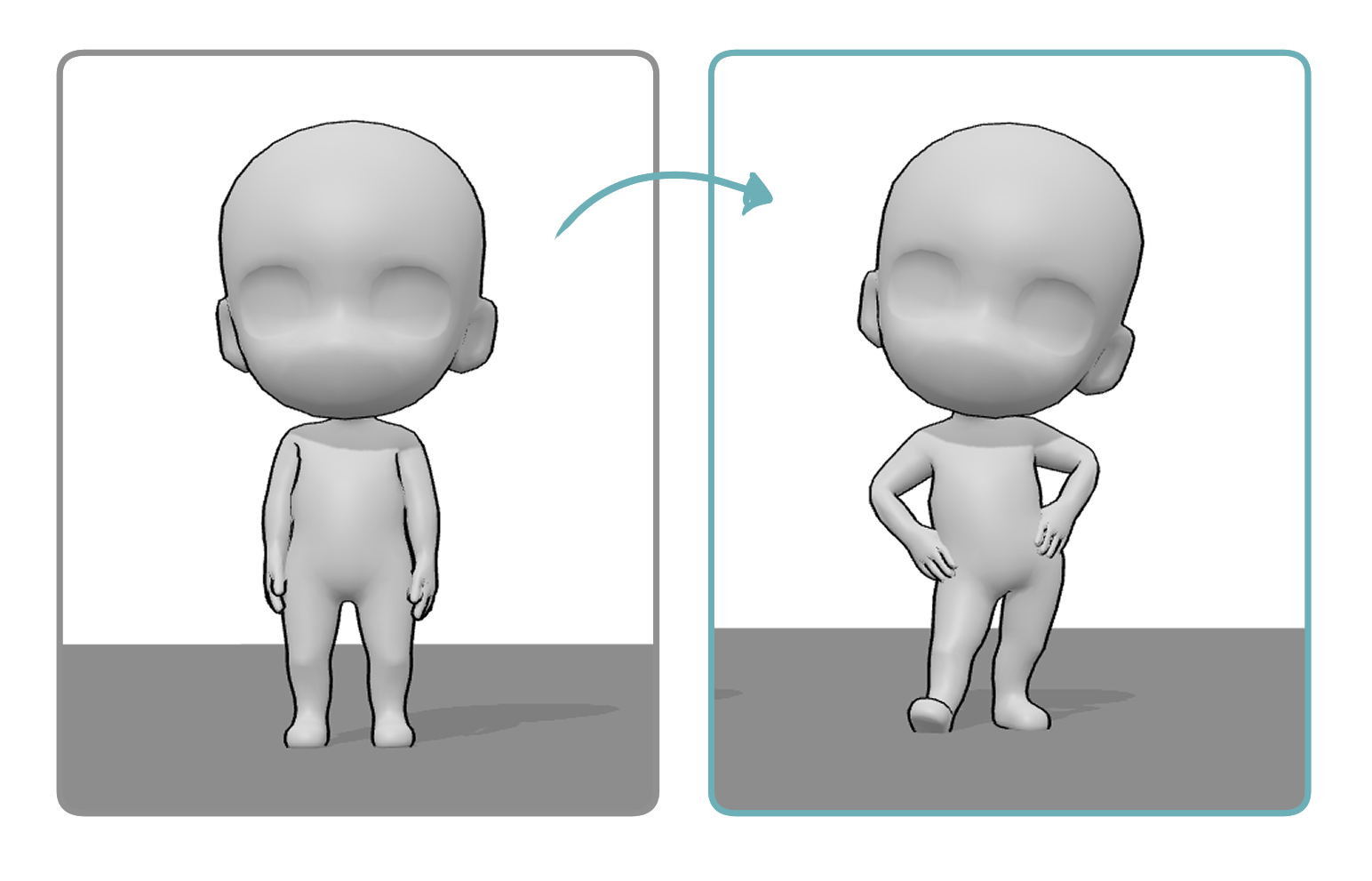 Comparison of a stiff standing chibi pose and a dynamic standing pose