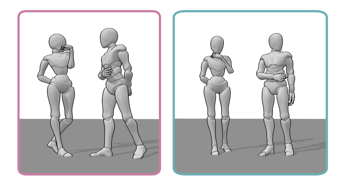 3D references showing how body language, distance, and orientation change the emotional relationship between two characters