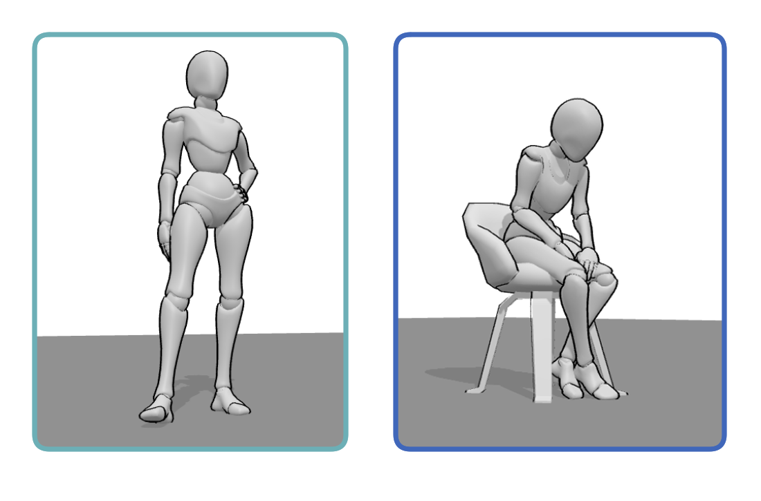 3D pose references showing the same character with confident and sad body language