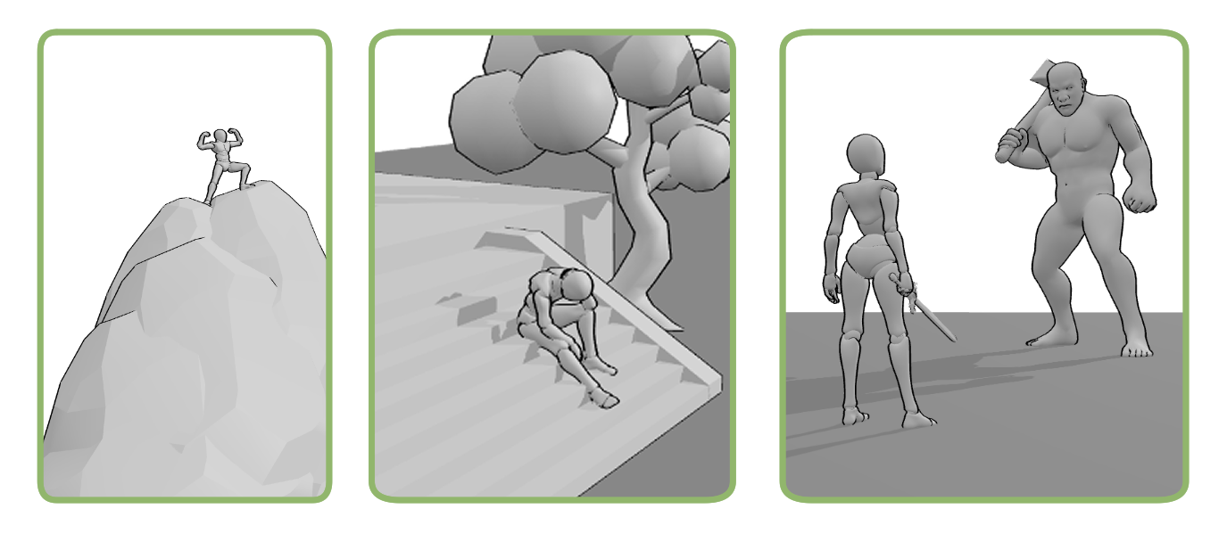 3D references showing victory, grief, and confrontation, demonstrating how body language, composition, and silhouette communicate emotion without facial expressions