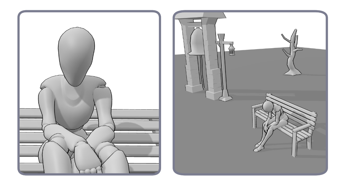 Close-up and wide-shot 3D reference of the same character sitting on a bench, showing how camera distance changes the emotional impact