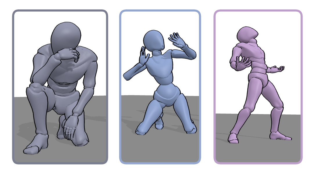 3D emotional pose references showing sad, fearful, and angry body language