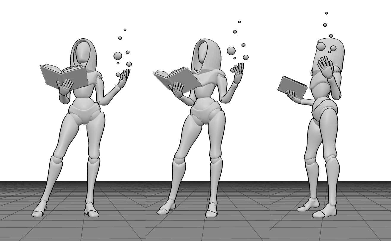 Female 3D model rotation: front view, 3/4 view, side view