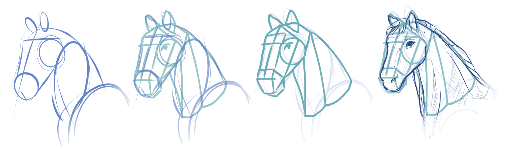 Step-by-step guide to drawing a horse’s head, breaking it down into simple shapes