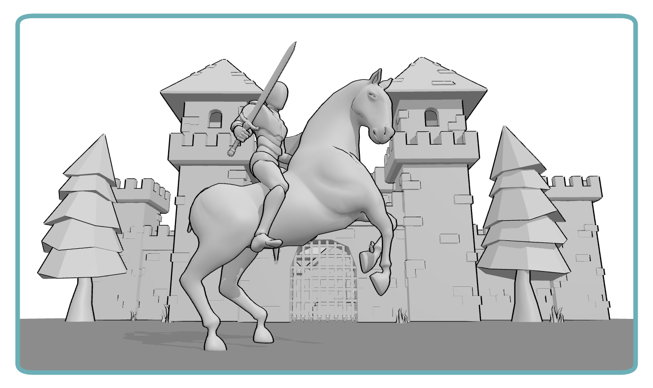 Horse and rider 3D reference with props and background, demonstrating scene composition