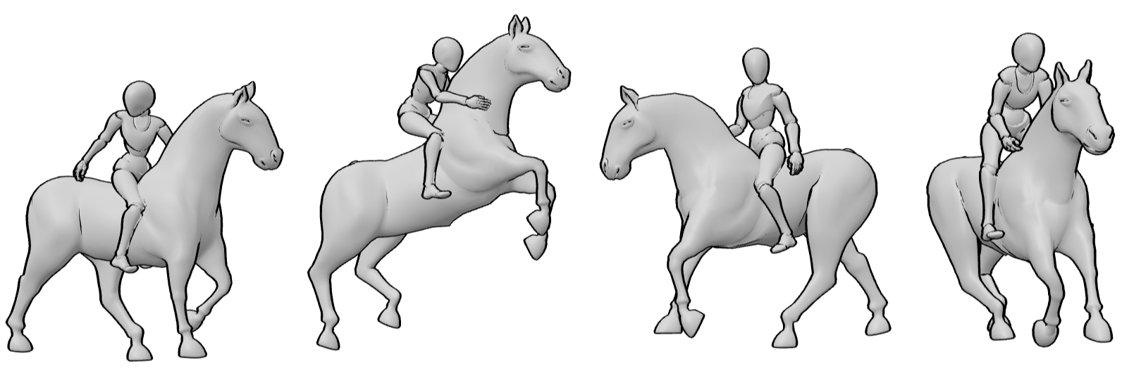 Horse riding poses 3D drawing reference collection