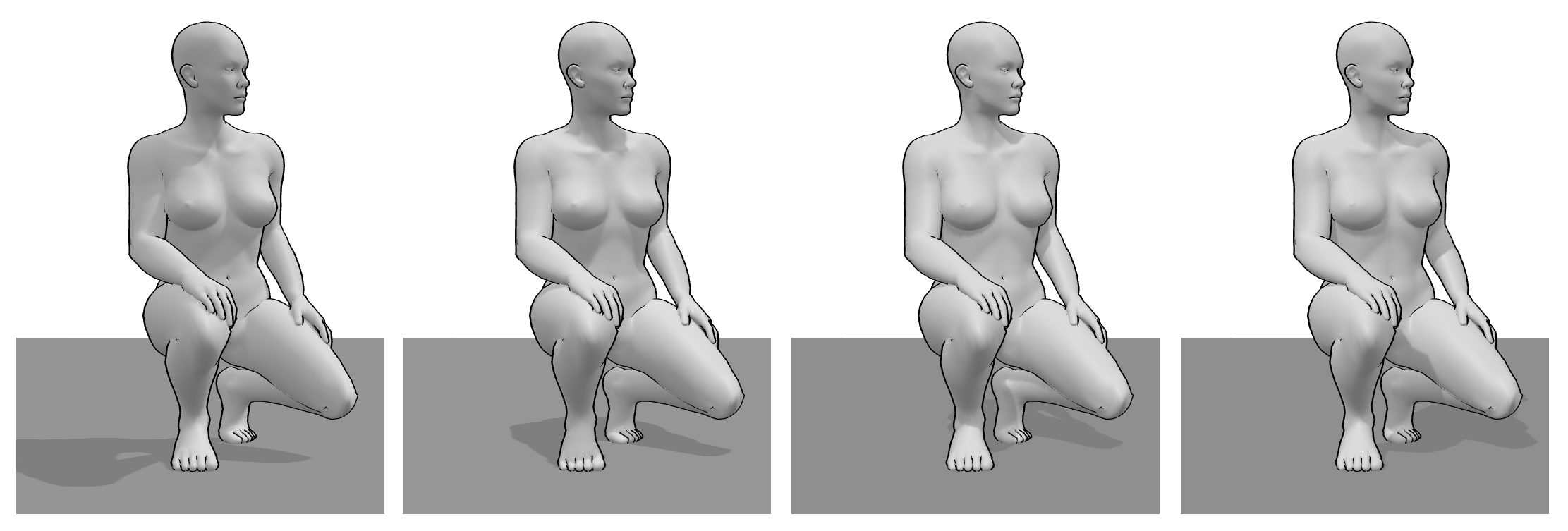 Female 3D model shown under four different lighting setups, illustrating how the light direction changes the shadows across the figure