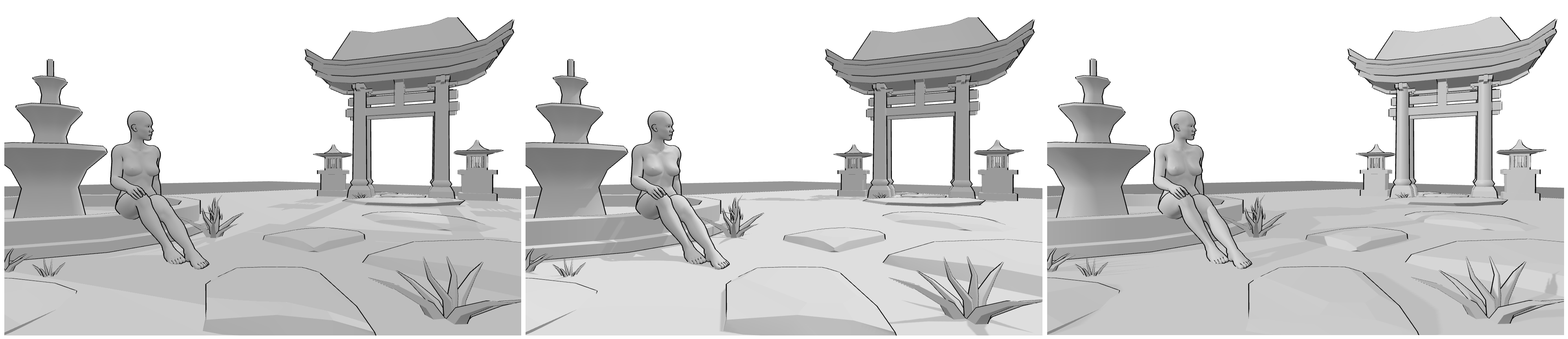 Complex 3D scene shown under three different lighting setups, illustrating how changing the light direction affects shadows across the scene