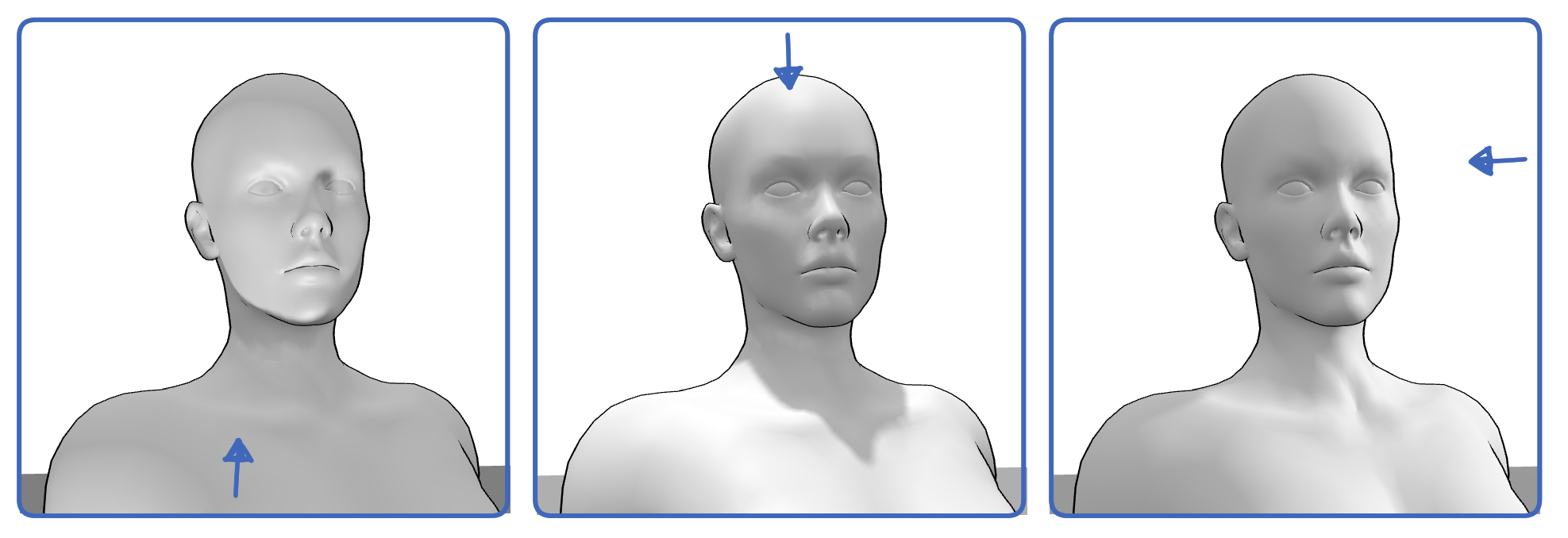 3D face model illuminated from different angles to demonstrate how light direction affects the shadows across the face