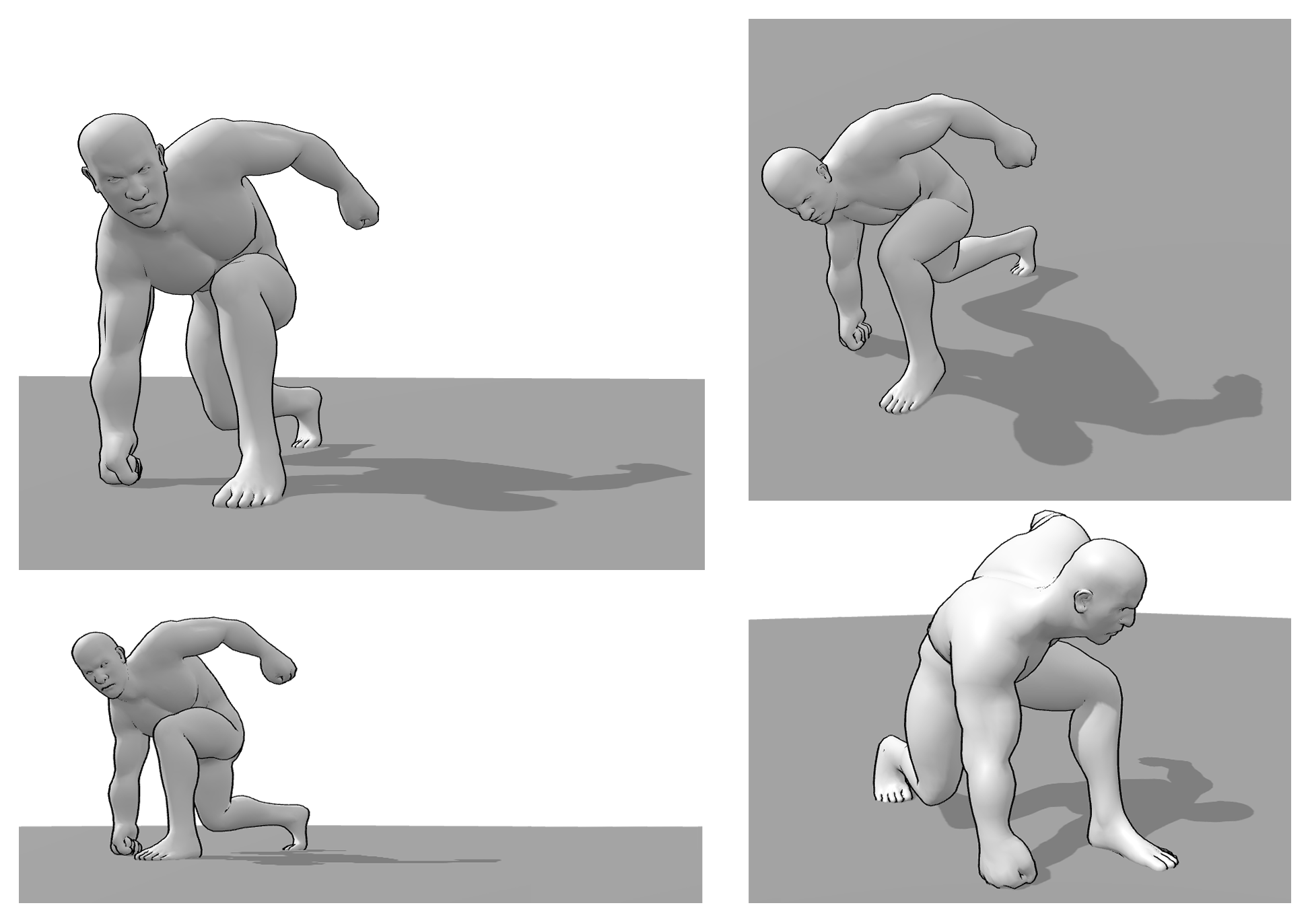 Same 3D scene viewed from different angles, showing how the form and cast shadows appear from each viewpoint