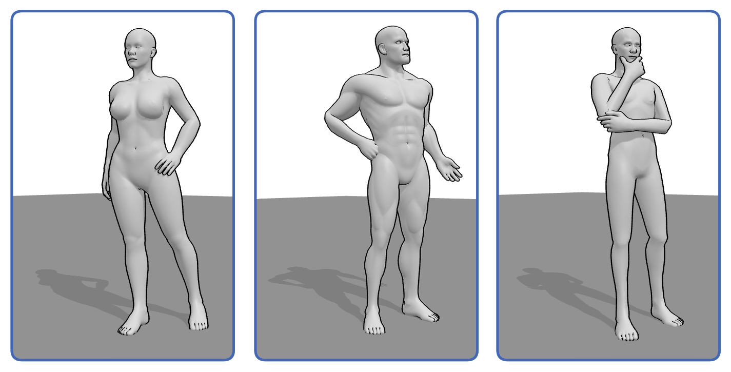 Three 3D models in different poses under the same lighting setup, illustrating how form and cast shadows vary with the figure’s shape and position