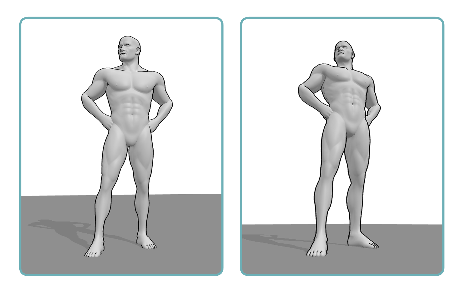 3D standing pose reference viewed from different camera angles