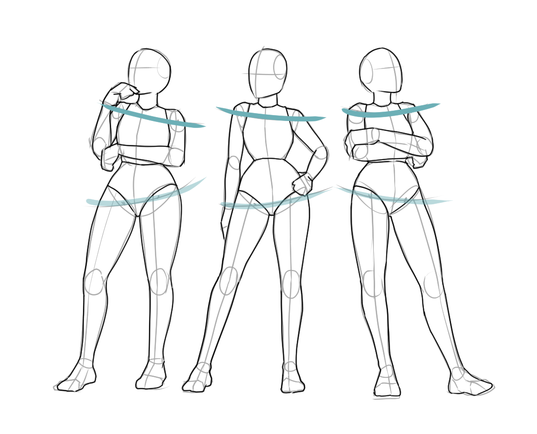 Standing pose showing the upper body counterbalancing the tilted pelvis