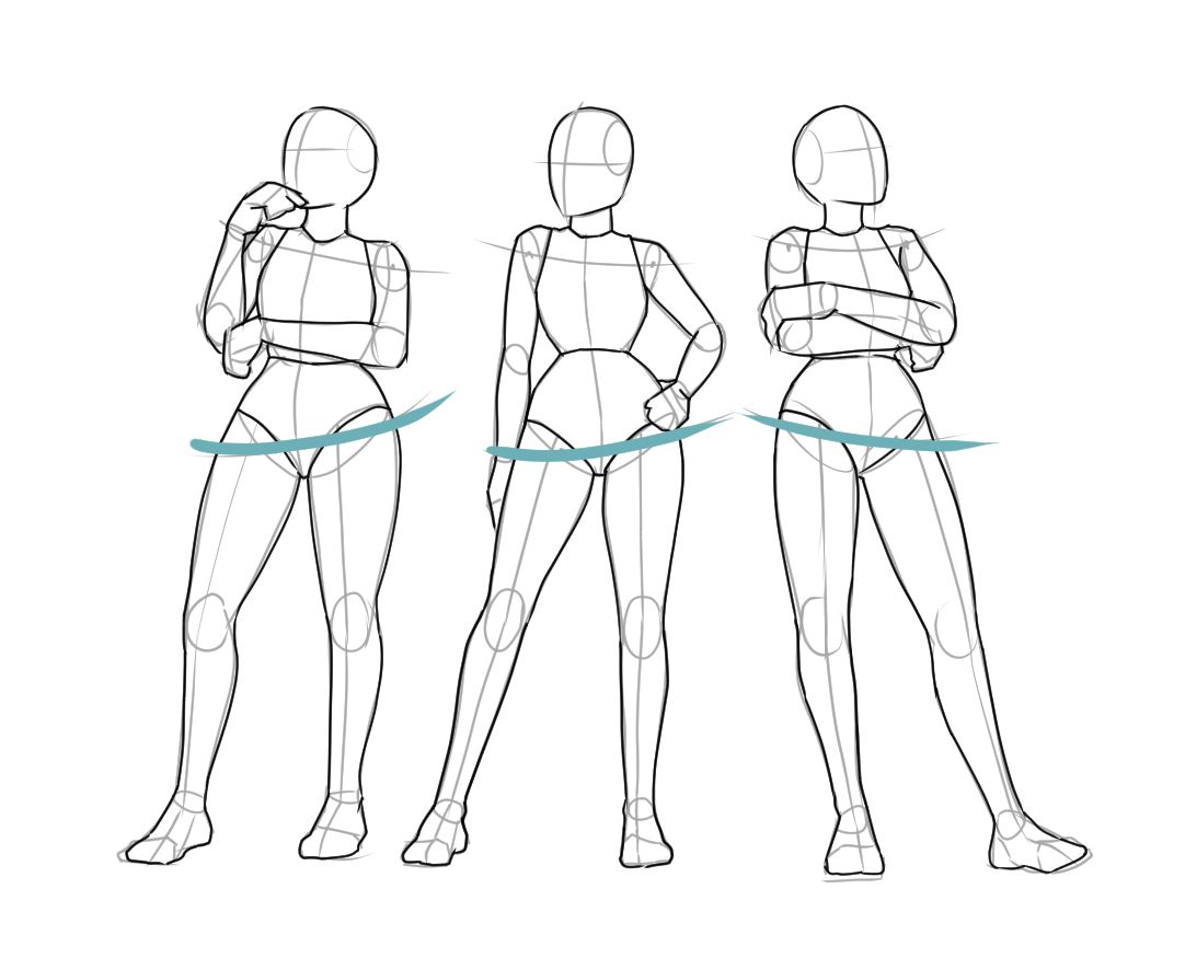 Standing pose drawings showing pelvis tilt