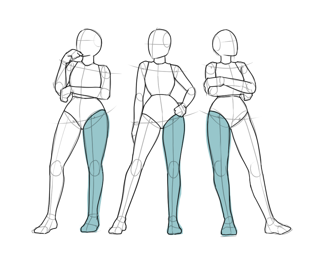 Three standing pose drawings with the supporting legs highlighted