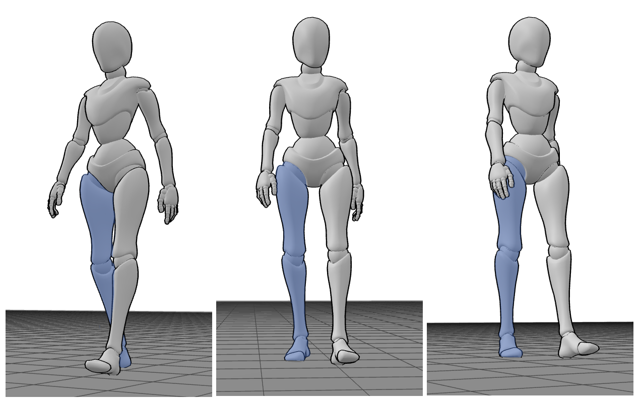 Walking pose 3D reference showing the supporting leg from different angles