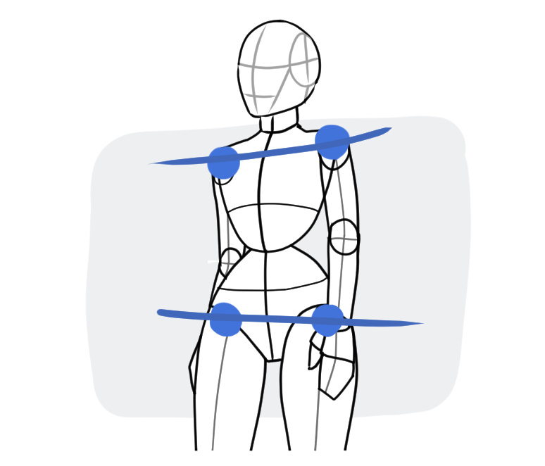 Walking pose drawing showing the pelvis and shoulders