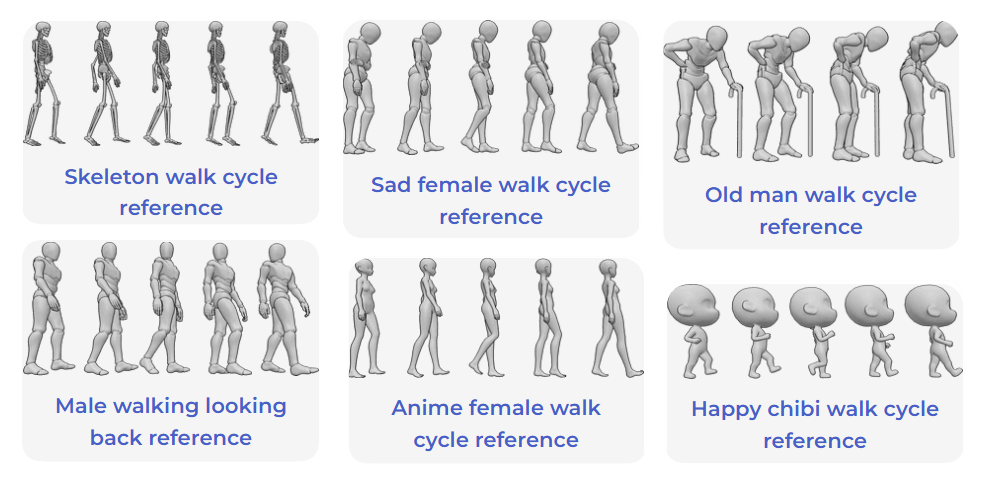 PoseMyArt variety of 3D walking pose references