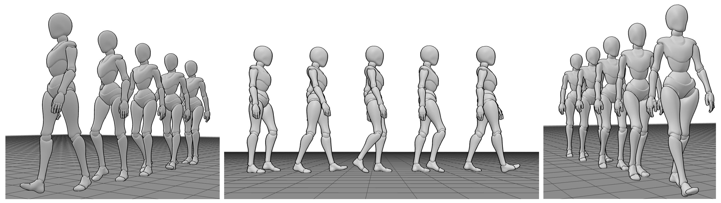 PoseMyArt 3D walking cycle references showing the same walking poses from different angles