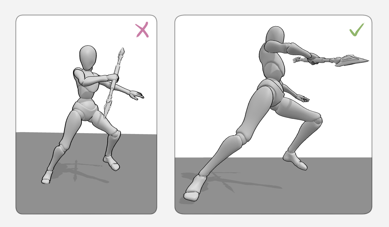 Action pose with wrong camera angle and without foreshortening + Action pose with right camera angle and foreshortening